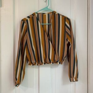Chic Striped Wrap Blouse in Mustard and Blue